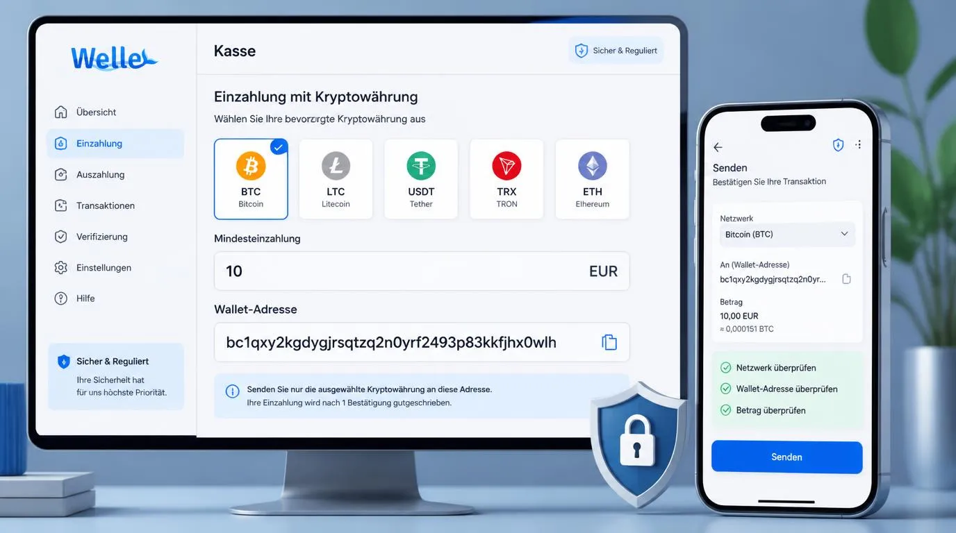 Krypto-Einzahlung am Casino-Kassenbereich mit Wallet-Adresse und Auswahl des Blockchain-Netzwerks