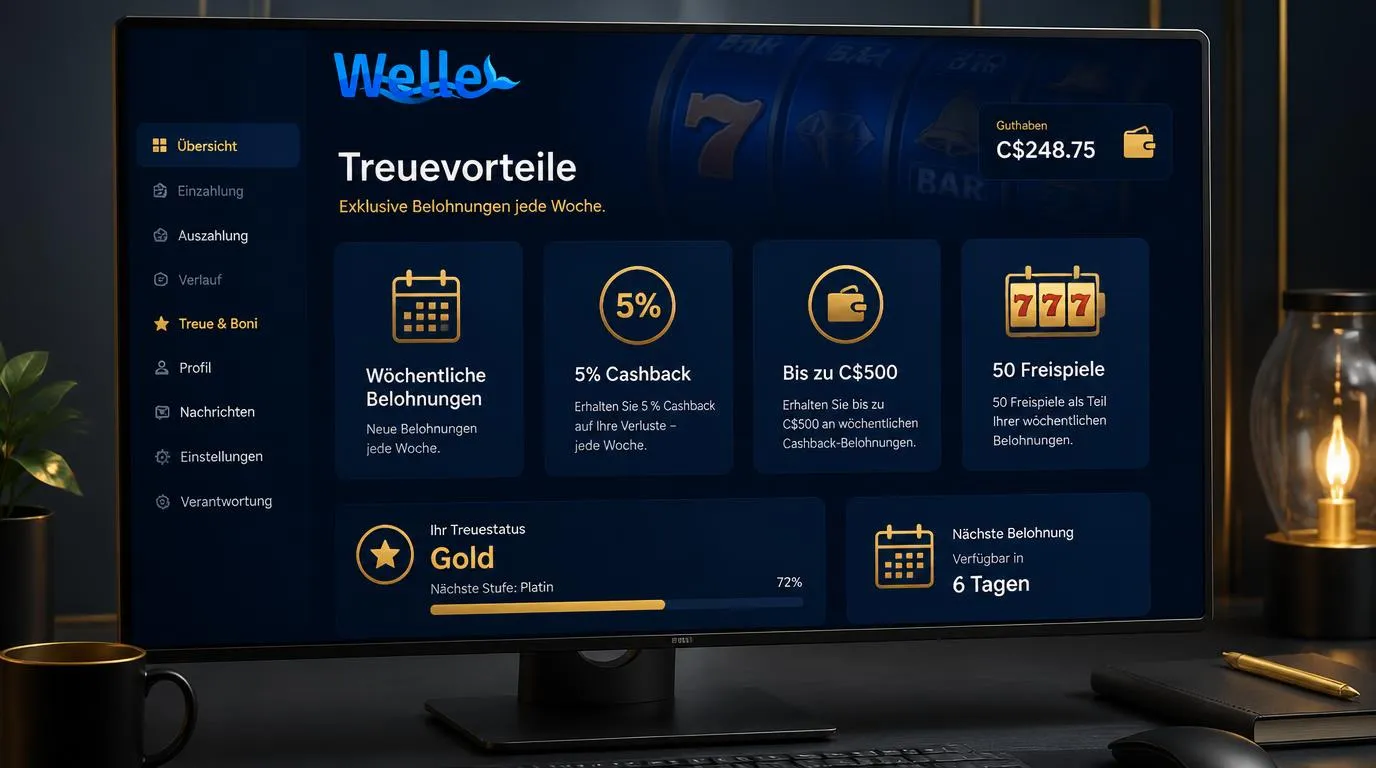 Casino-Kontobereich mit wöchentlichen Cashback-Belohnungen und Freispielanzeige