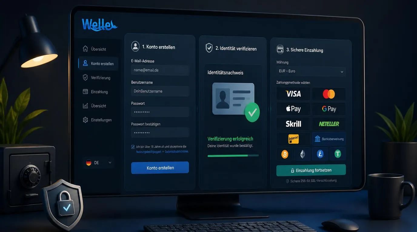 Kassenseite mit E-Wallets, Karten, Kryptowährungen und Auszahlungsstatus in Euro