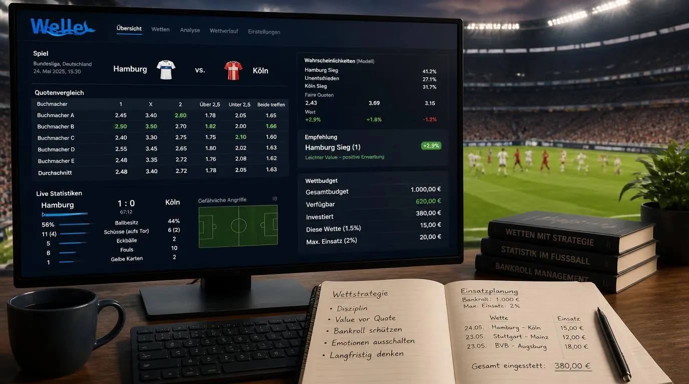 Sportwetten-Analyse mit Quotenvergleich, Live-Spielstatistiken und festem Einsatzbudget auf einem Bildschirm