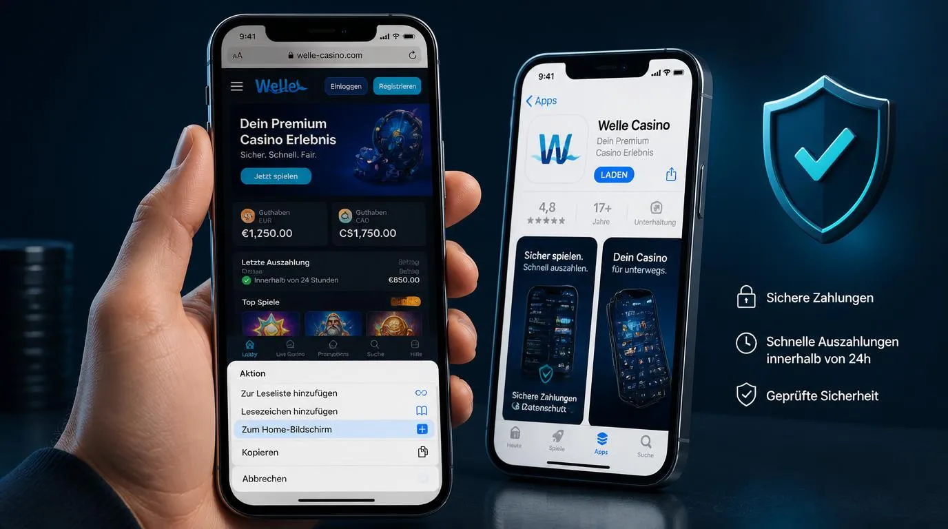 Smartphone mit Casino-Webseite, App-Verknüpfung und geschützter Kontoverwaltung