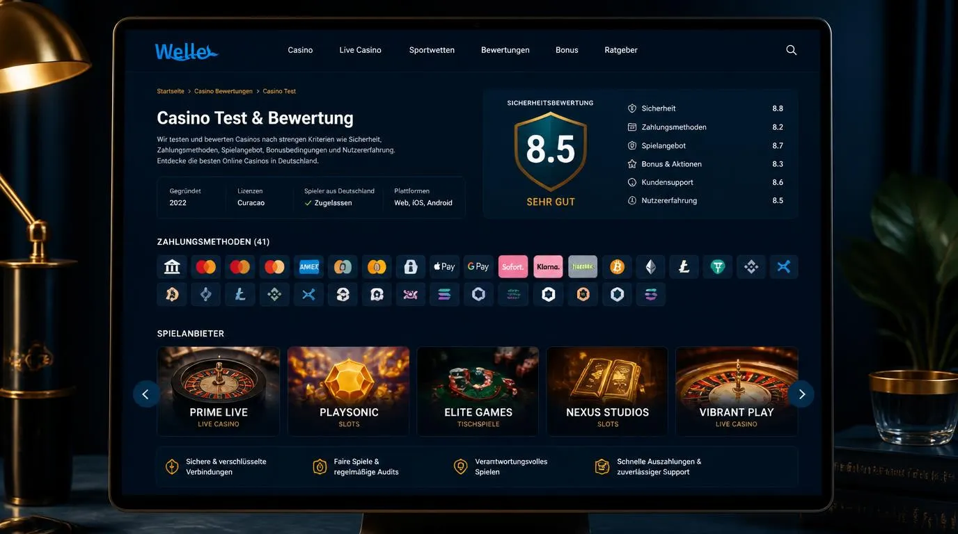 Casino-Startseite mit Sicherheitssiegel, Zahlungsoptionen und Spielauswahl bekannter Anbieter