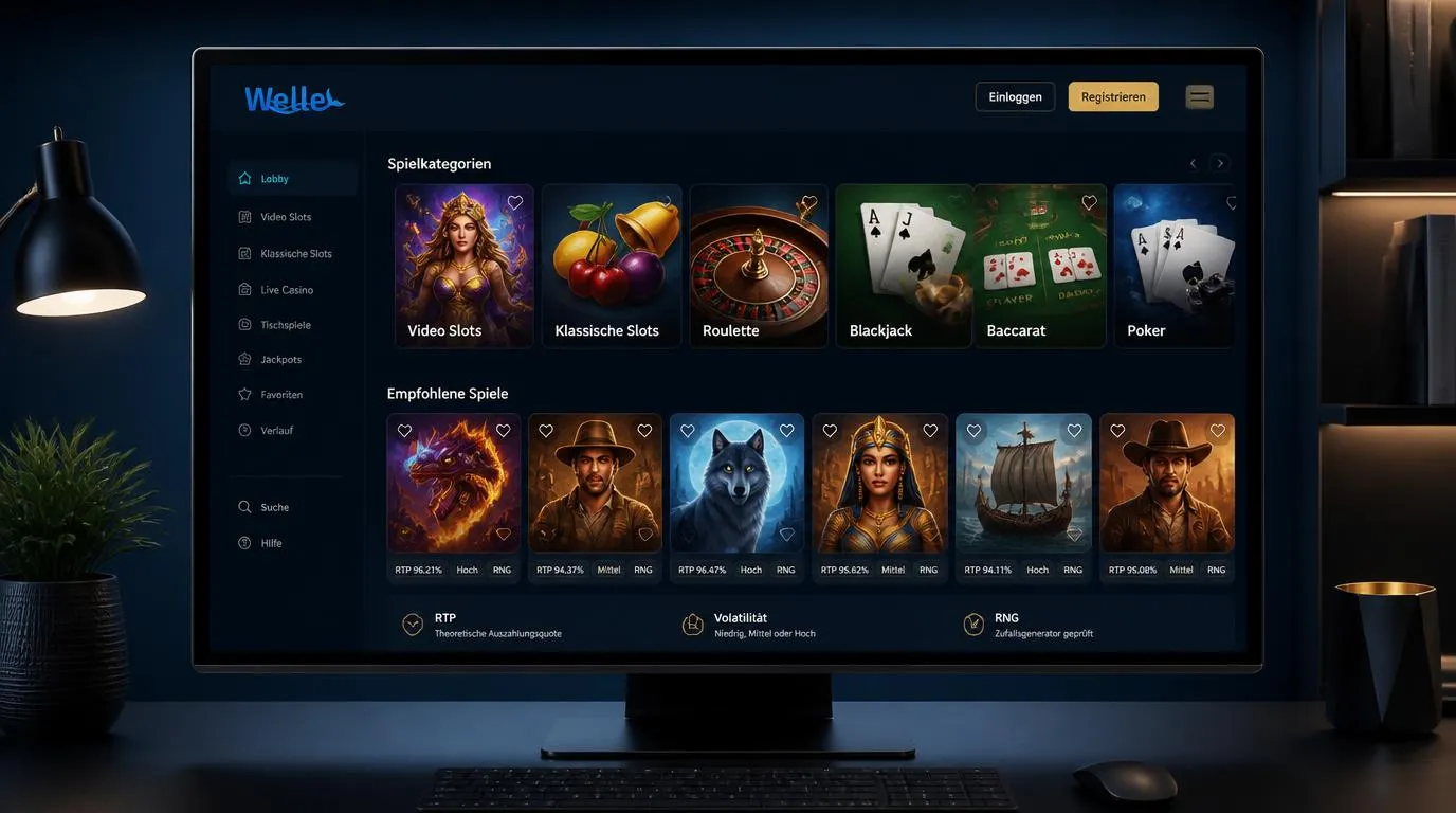 Digitale Casino-Lobby mit Slots, Roulette, Blackjack und übersichtlichen Spielkategorien auf einem Bildschirm