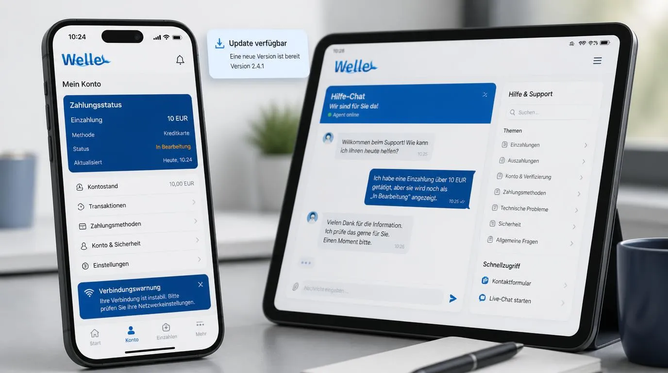 Smartphone mit App-Fehlermeldung, WLAN-Symbol und geöffneter Zahlungsübersicht